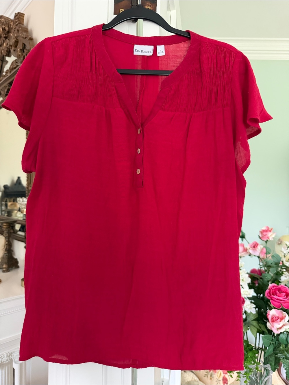 Kim Rogers Red Flutter-Sleeve Button-Front Peasant Top, size Large